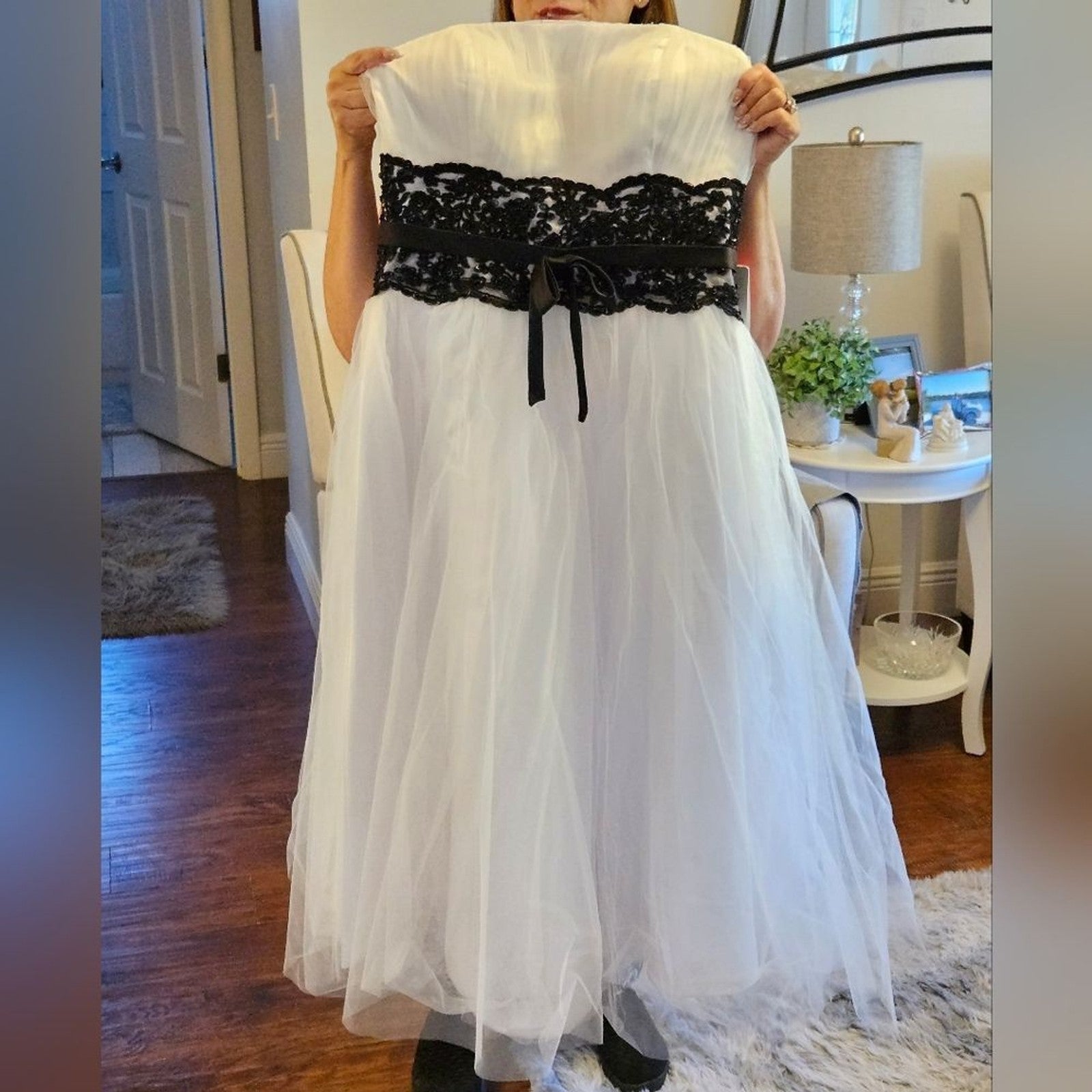 NWT Tea Length JJs House White Wedding Dress Black Accent Waist Detail Size 14