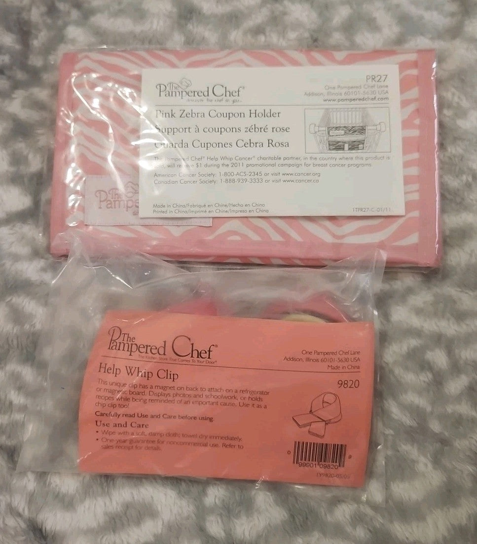 NIP Set Of Pampered Chef Help Whip Clip #9820 & Pink Zebra Coupon Holder #PR27