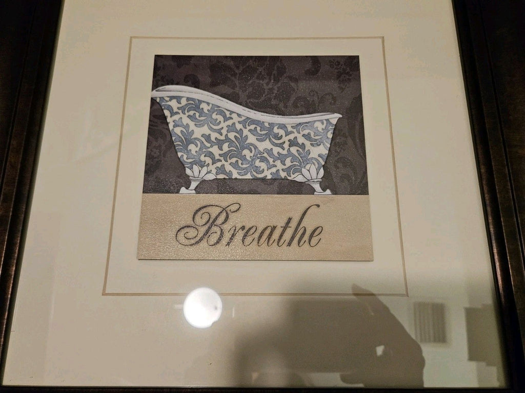 Blue & White Fleur De Lis French Bathtub Breathe Print Matted & Framed 15"x15"
