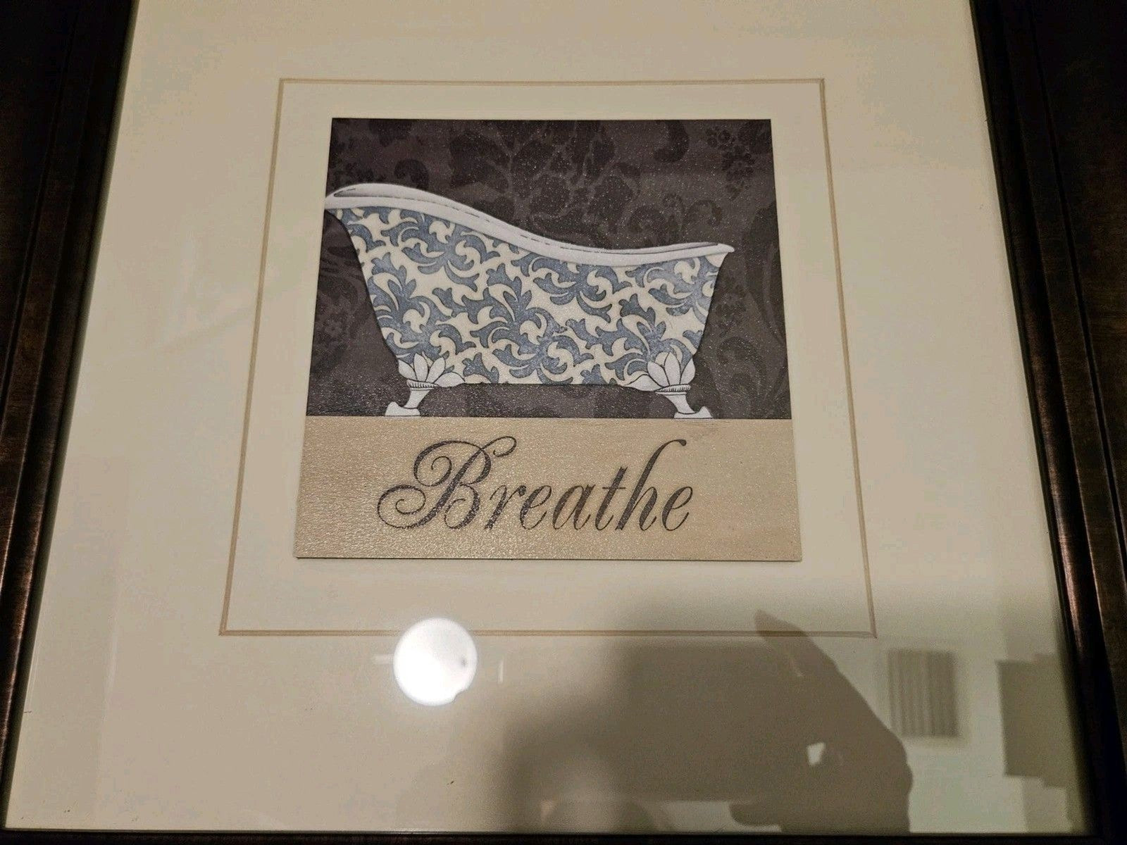 Blue & White Fleur De Lis French Bathtub Breathe Print Matted & Framed 15"x15"