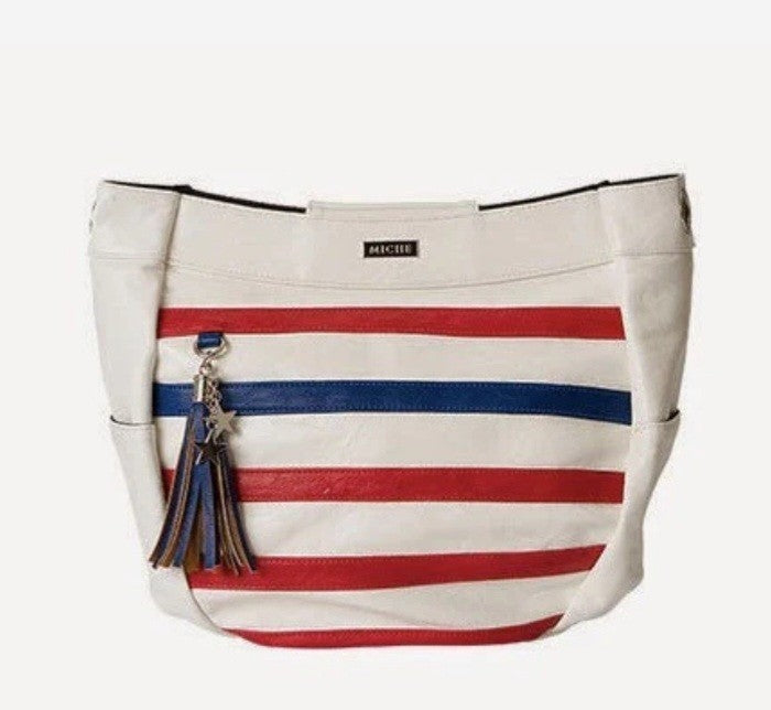 NIP Miche Stars And Stripes Demi Shell Faux Leather Red White Blue Tassel Accent