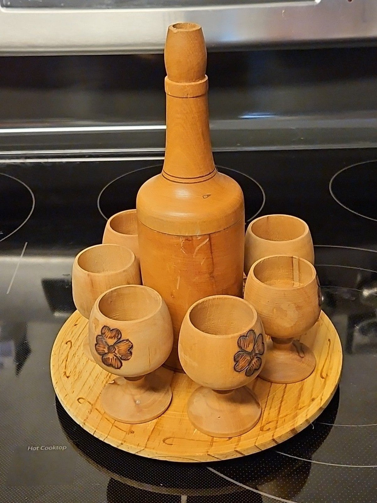 Vintage Burnt Wooden Pyrography Folk Art Decanter w\ Small Platter and 6 Goblets
