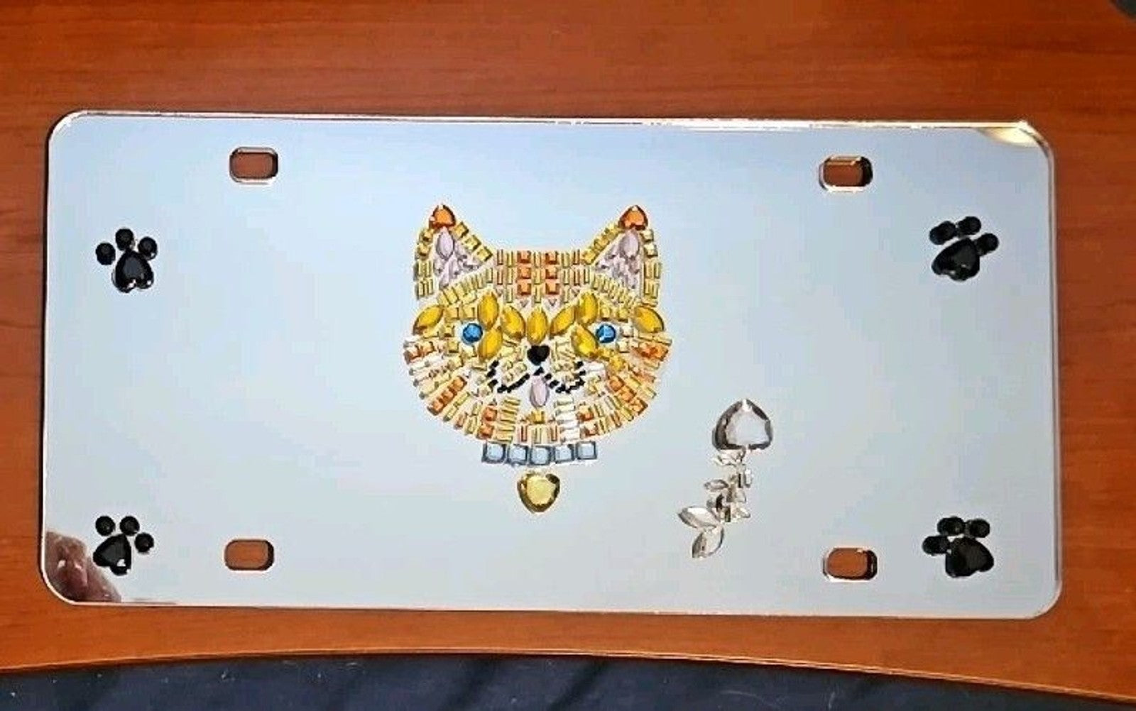 Mirrored License Plate With Rhinestone Cat And Paw Prints New