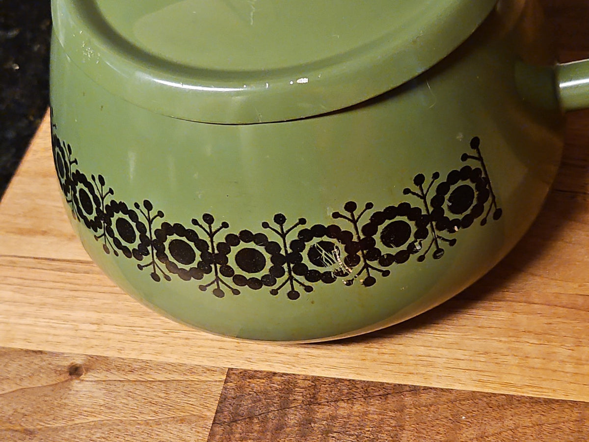 Vintage Green Enamel Fondue Pot Saucepan Floral MCM Boho Wood Handle 1970s