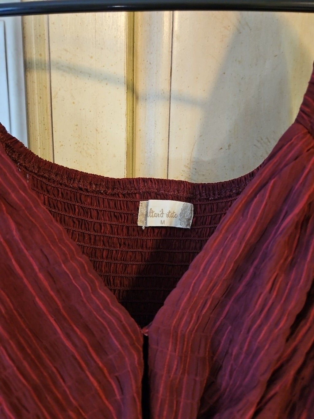 Altar'd State Burgundy Mini Dress, Sz M, Puffed Sleeves, Tie Back, Ruffle Hem