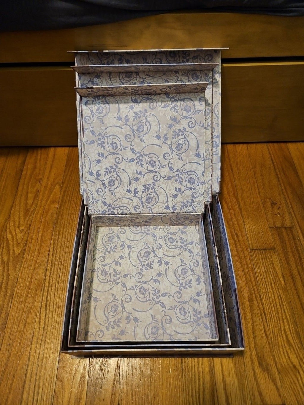 Elegant 3 Pc Nesting Storage Box Set Purple Fleur De Lis Love Laugh Happiness