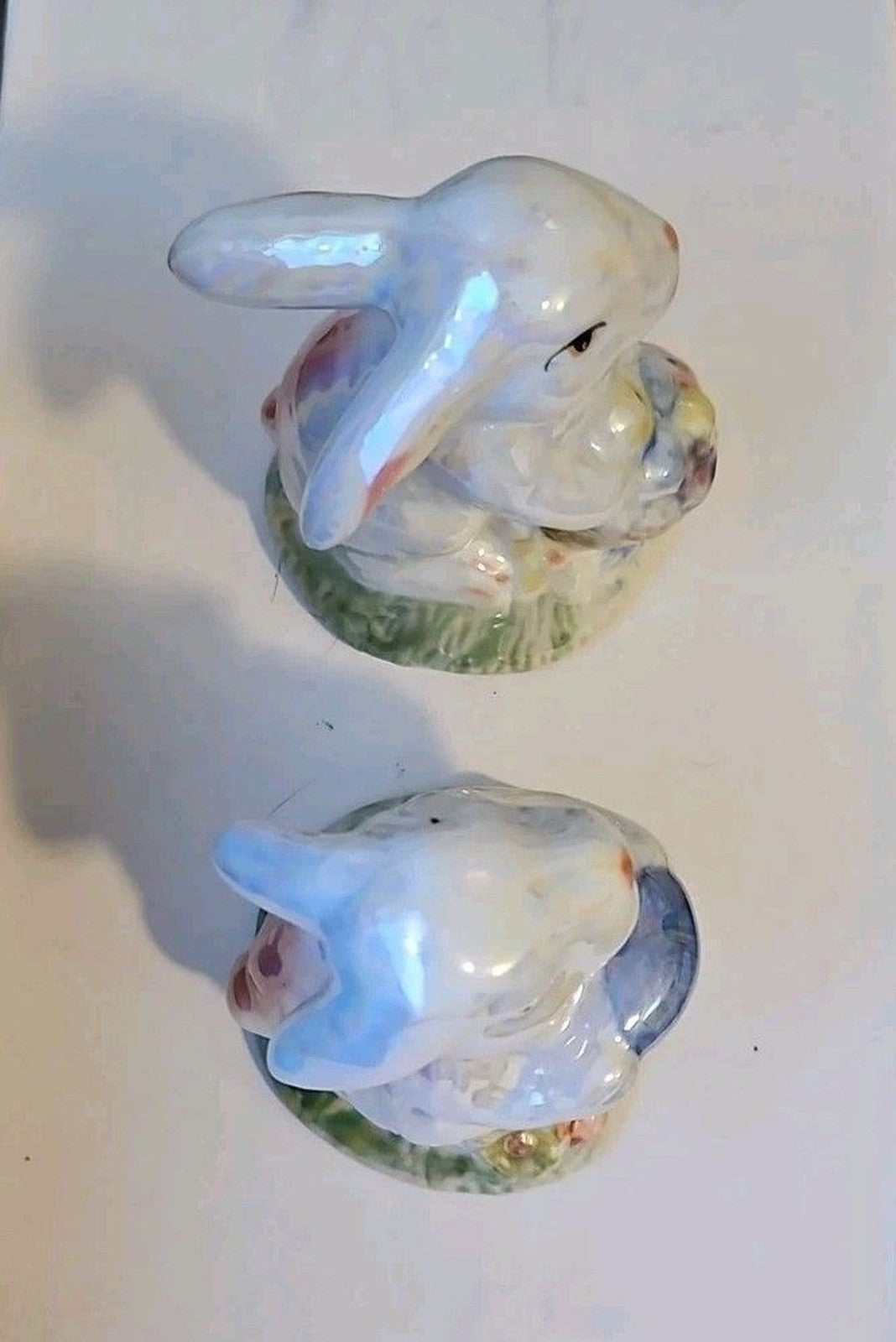 Set Of 2 Iridescent Easter Bunny Ceramic Figurines, Beautiful!