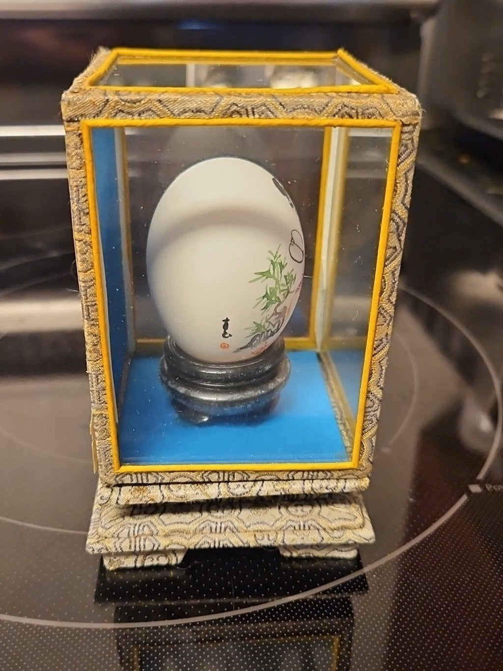 Vintage Chinese Art Hand Painted Egg Shell Woman With Fan Encased In Box 3"x5"