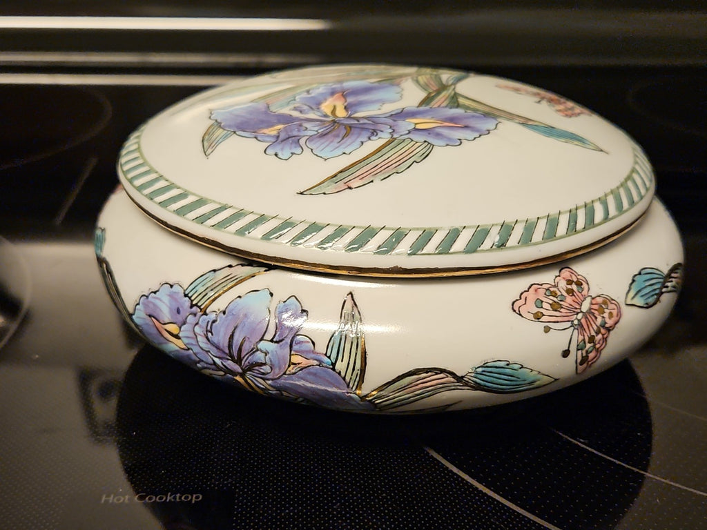 Vintage Andrea by Sadek 7" Round Trinket Box Iris & Butterflies W Gold Detail