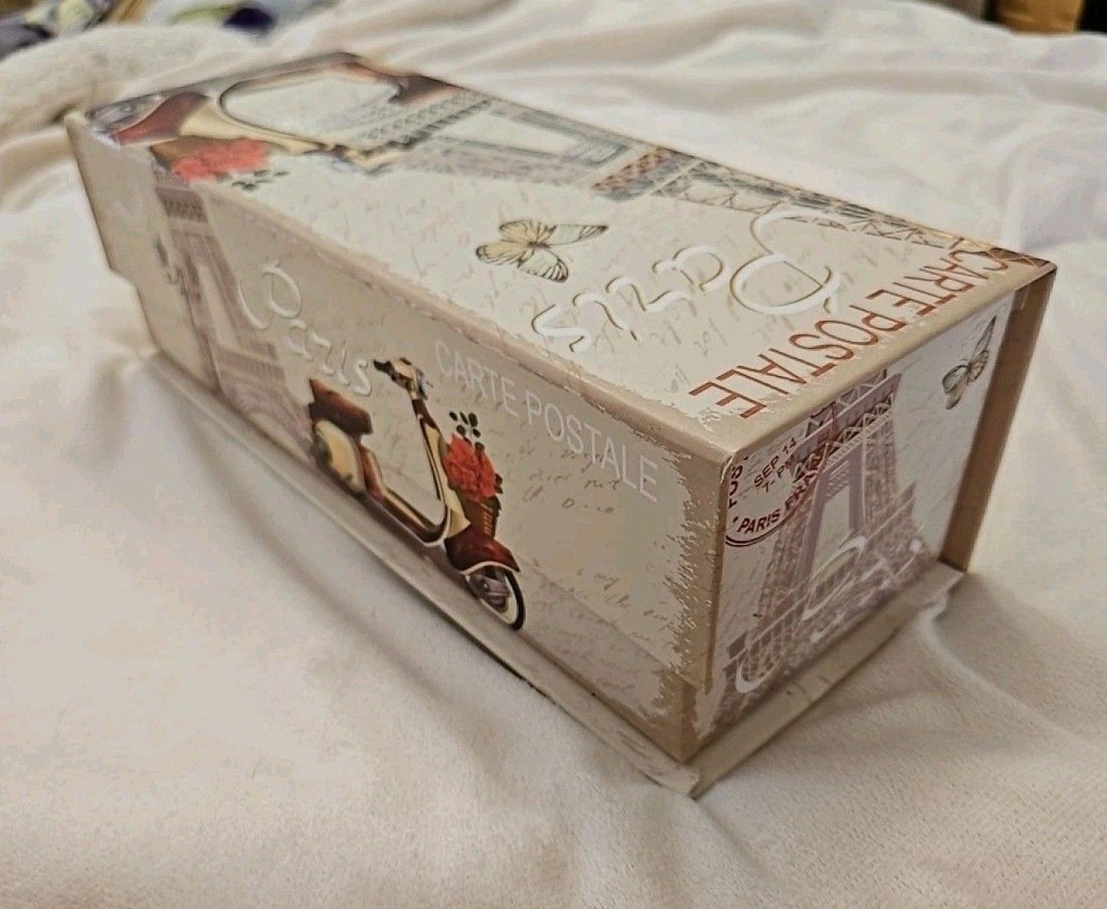 Elegant Storage Box Beige & Silver Paris Eiffel Tower Theme apprx 11.5 x 4.5 x4"