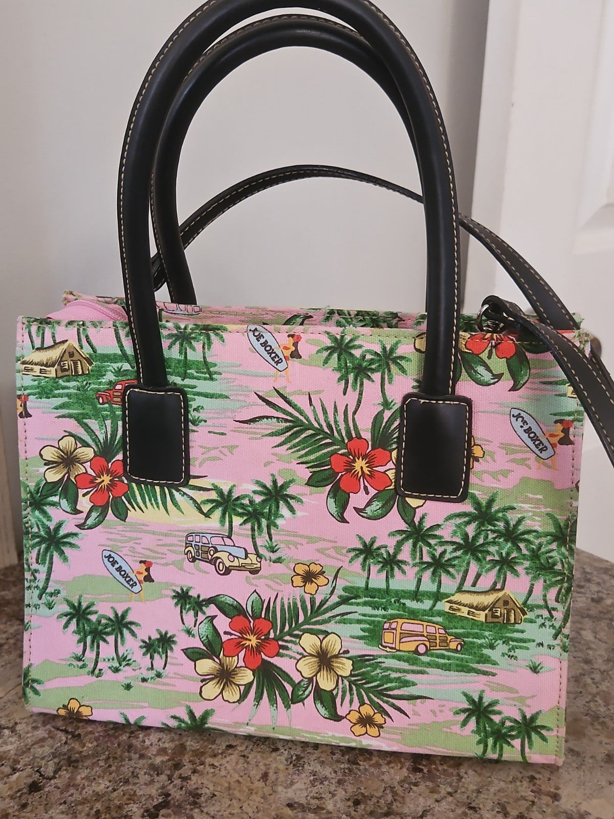 Vintage Y2K Joe Boxer Hawaiian Beaded Canvas Handbag Purse Pink Tropical Print