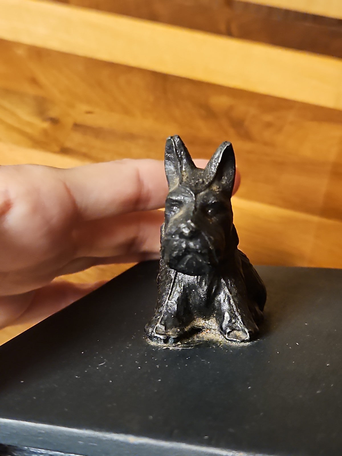 Vintage Art Deco Black Metal Scottie Dog On Wooden Trinket Box 1930s 5.75"×4.25"