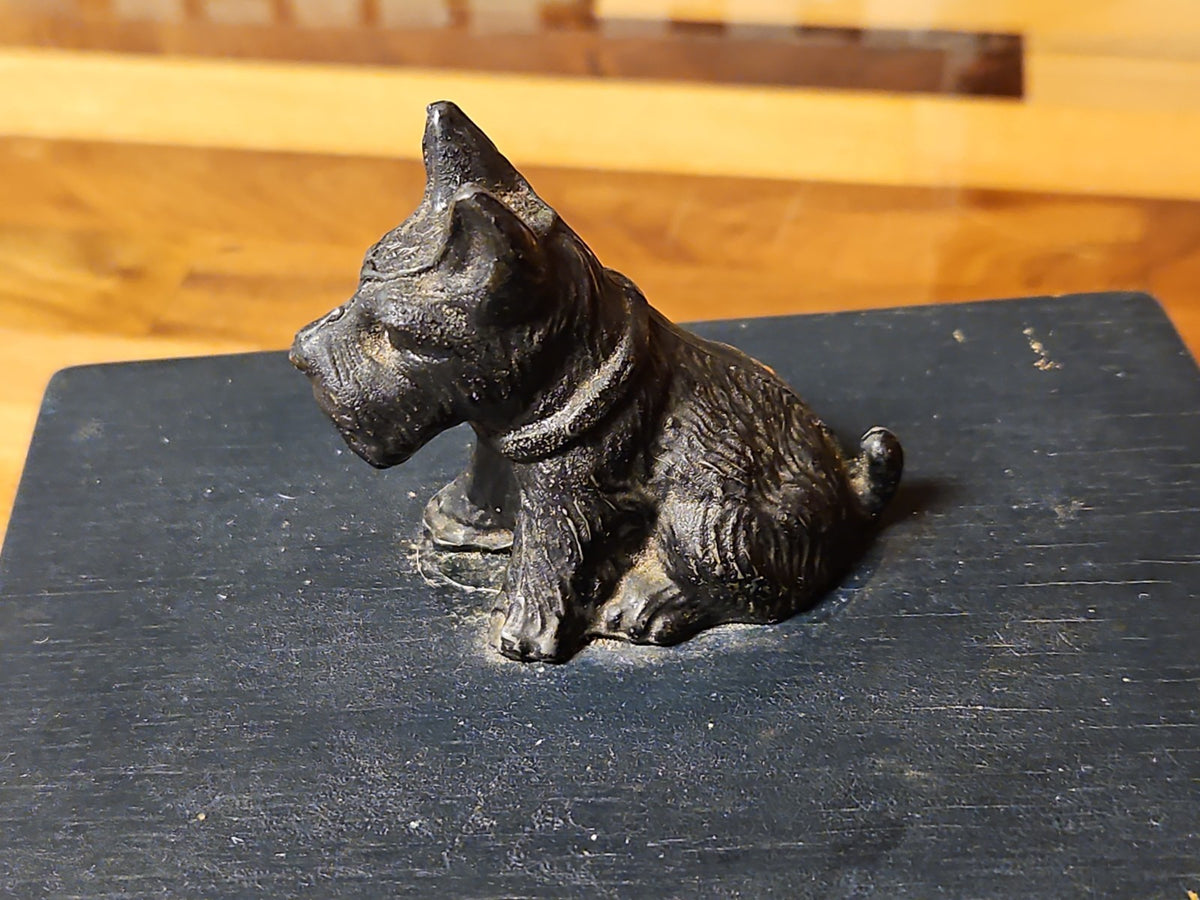 Vintage Art Deco Black Metal Scottie Dog On Wooden Trinket Box 1930s 5.75"×4.25"
