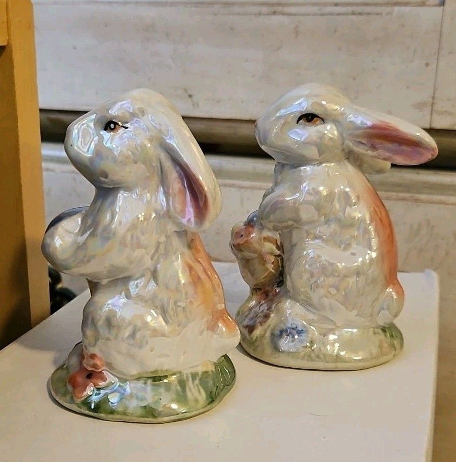 Set Of 2 Iridescent Easter Bunny Ceramic Figurines, Beautiful!