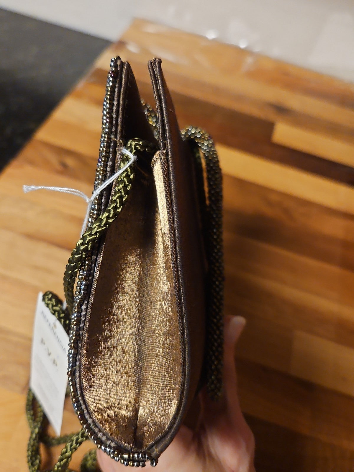 Menbur Spain Clutch Purse With Shoulder Strap Bronze Beaded NWT Damaged