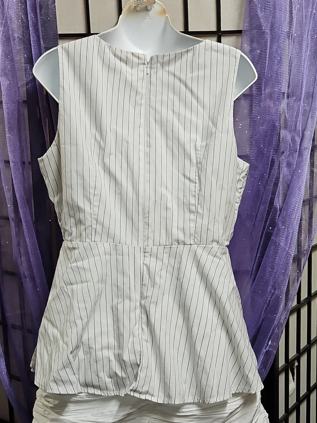Banana Republic Women's A Line Sleeveless Blouse Size 10 White W Navy Pinstripe