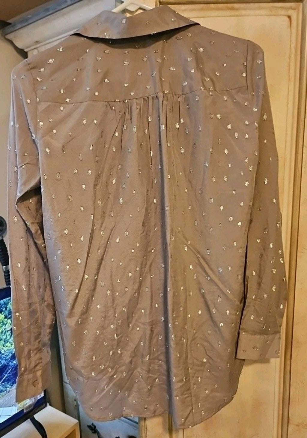 Ann Taylor Grey Henley Blouse With Silver Metallic Raised Polka Dots Sz XS