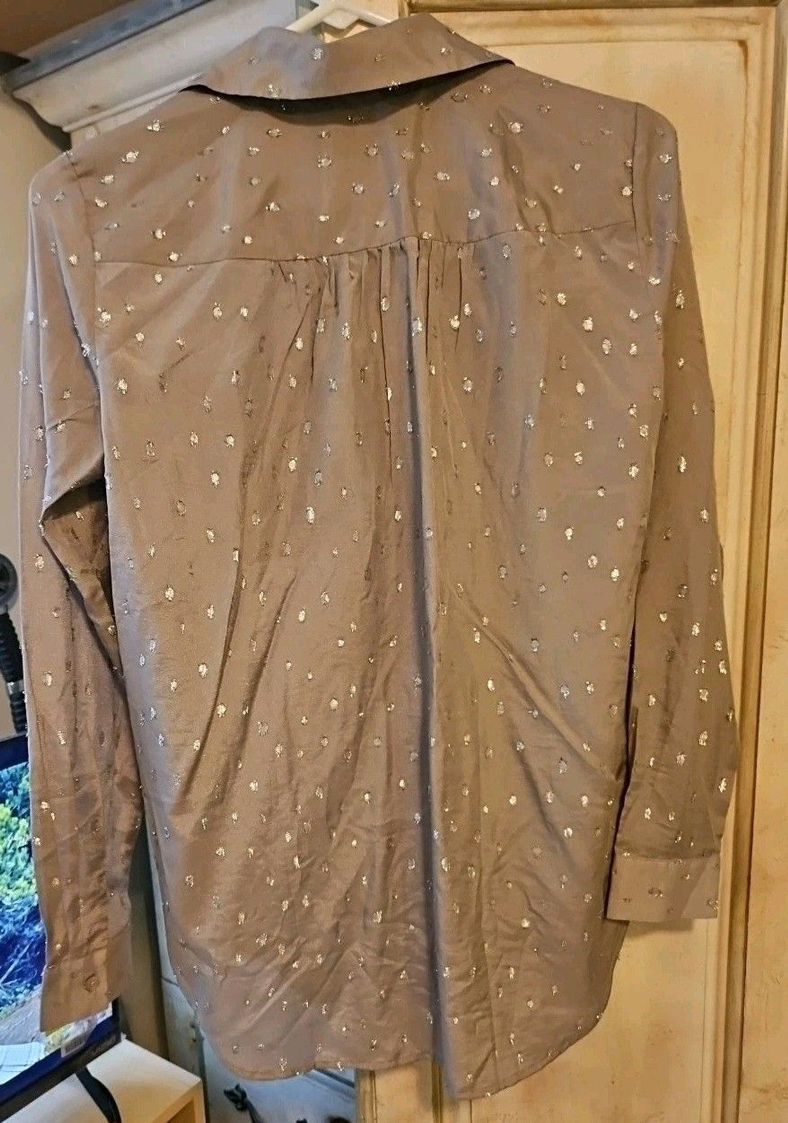 Ann Taylor Grey Henley Blouse With Silver Metallic Raised Polka Dots Sz XS