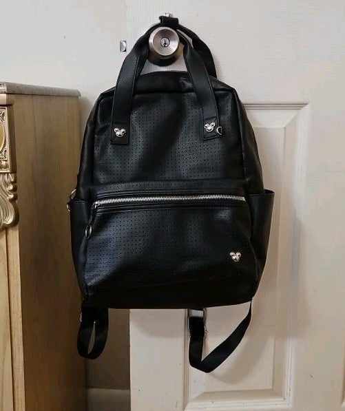 Disney Mickey Mouse Icon Flair Pin Black Faux Leather Backpack Retired Style
