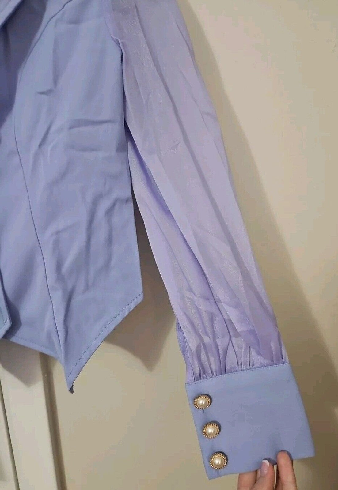 Womens Lavender Cropped Blazer XS Flared Neck Sheer Sleves Pearl Buttons NIP