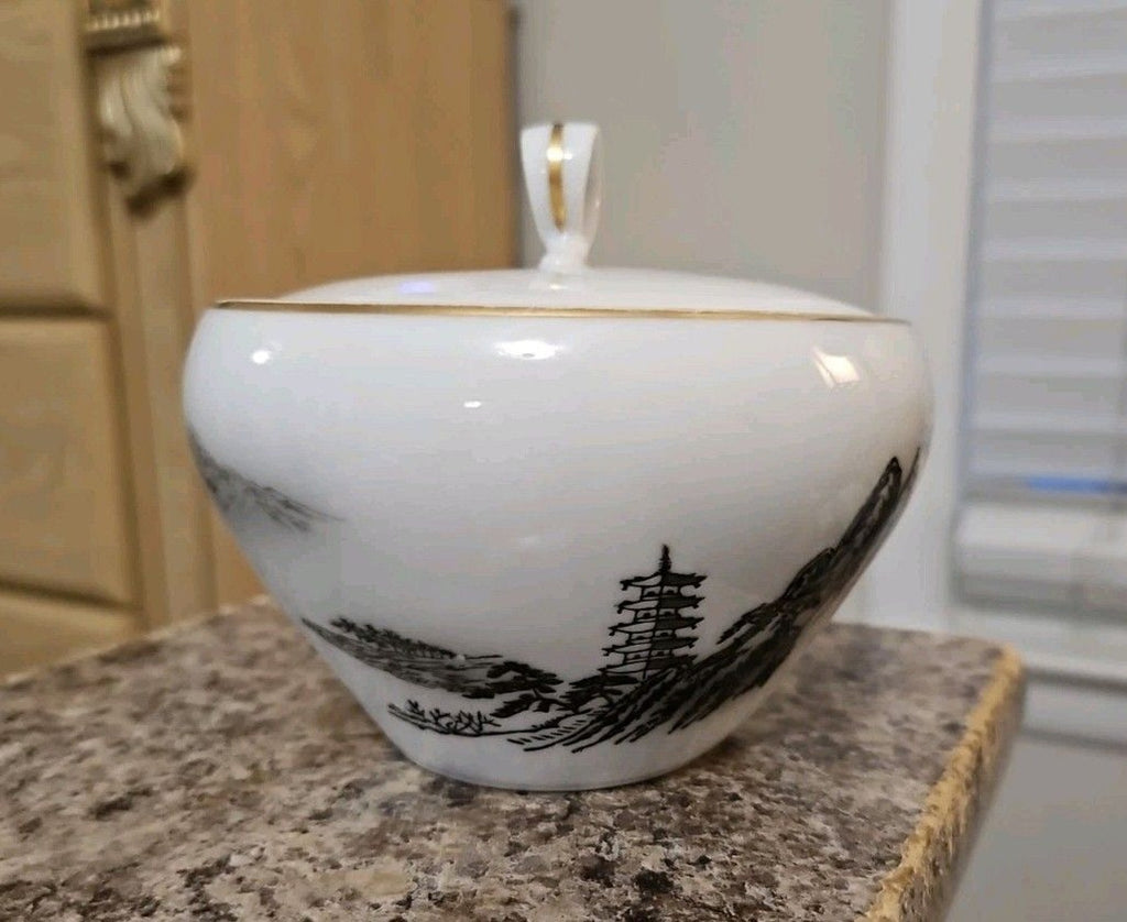 Fukagawa Arita 903 Hand Painted Landscape Lidded Sugar Bowl MINT Gold Trim