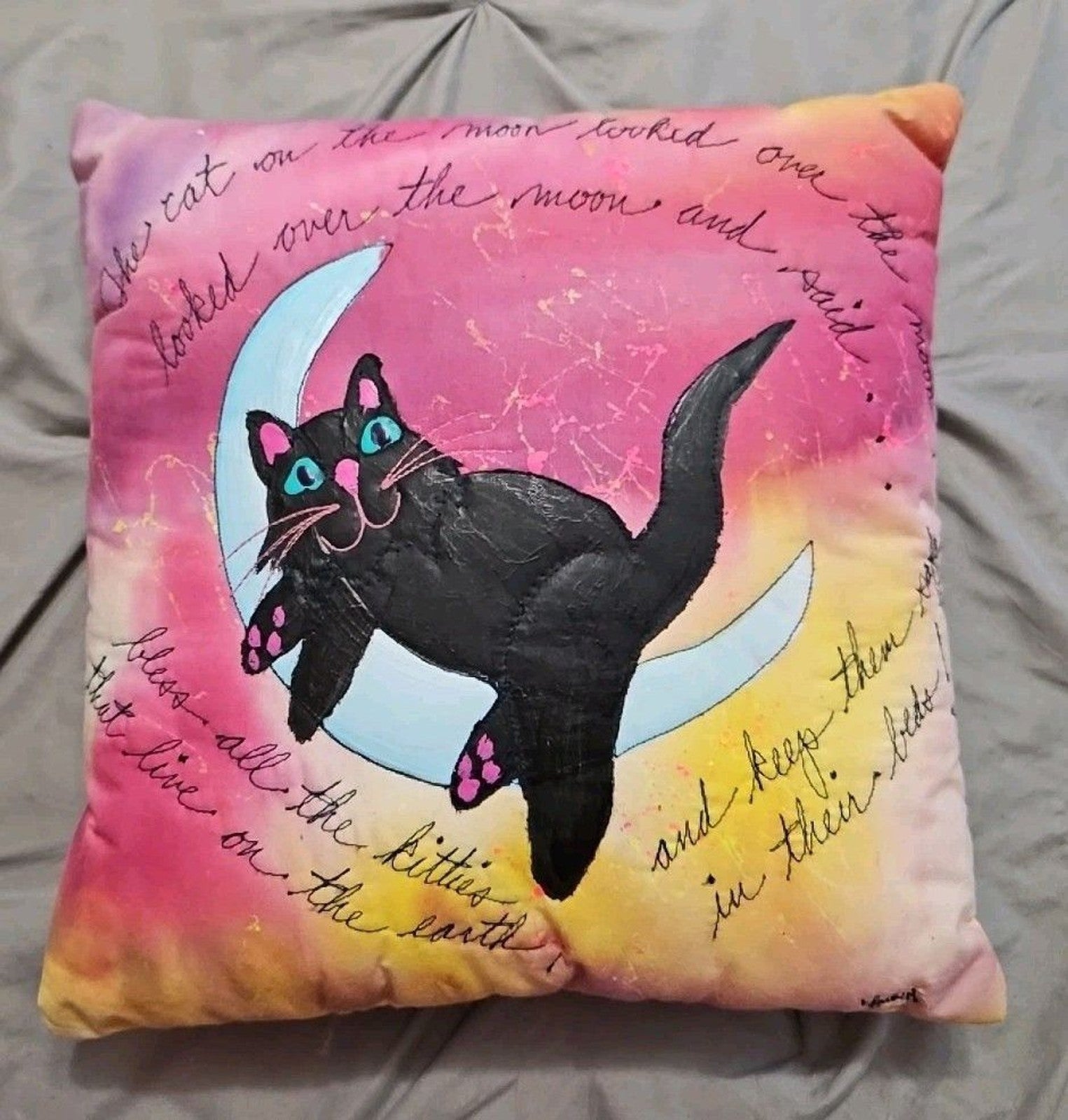 Artisan Signed Hand Painted & Embroidered Throw Pillow Colorful Cat Theme