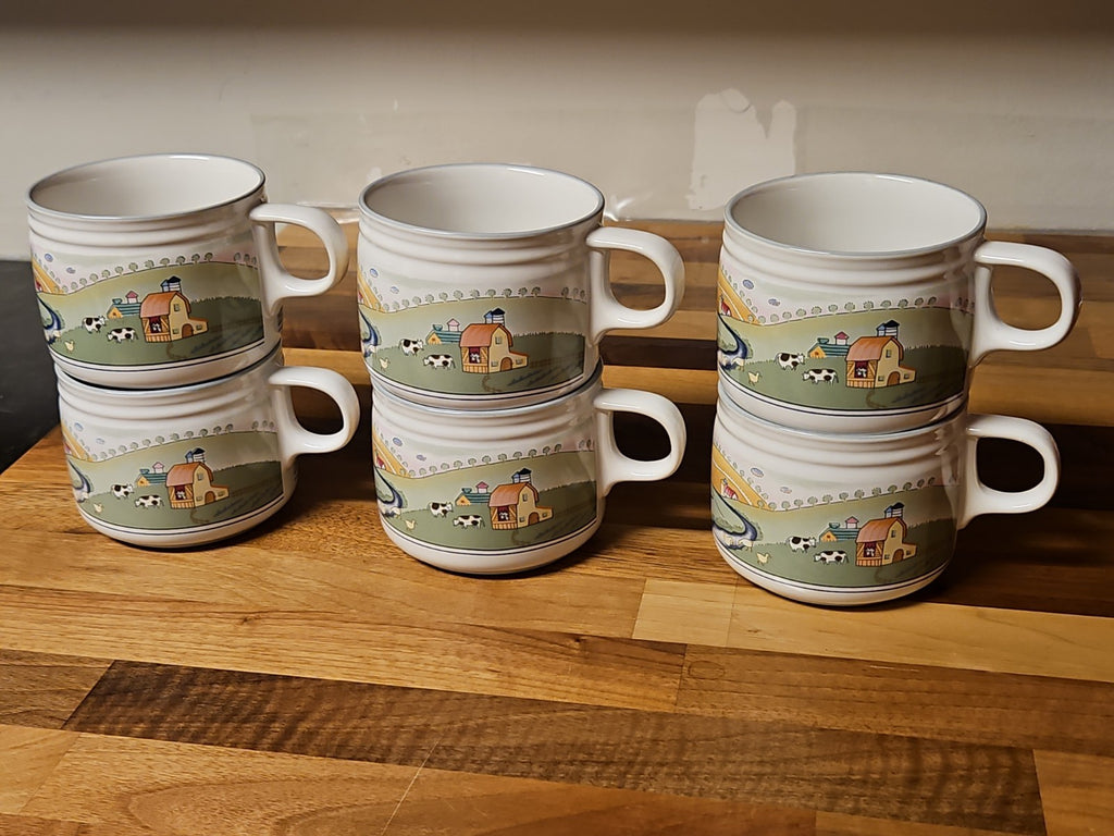 Set Of 6 Vintage 1998 Studio Nova Stoneware Mugs Homecoming 8 oz Y2317 EUC