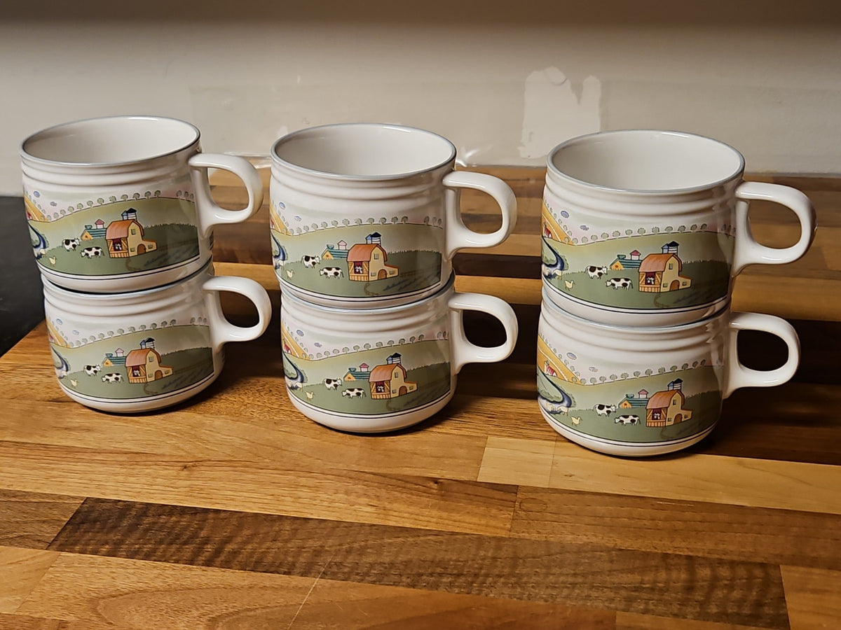 Set Of 6 Vintage 1998 Studio Nova Stoneware Mugs Homecoming 8 oz Y2317 EUC
