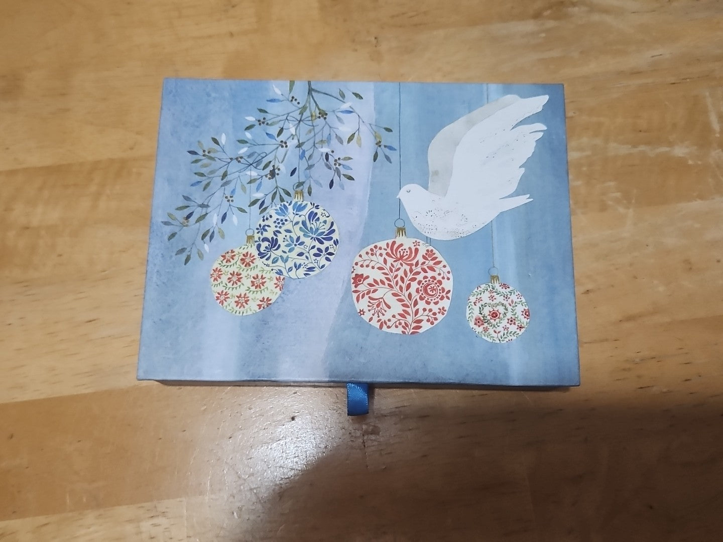 Elegant Storage Box Blue With Christmas Ornaments & Dove 7.75"x6"x2"