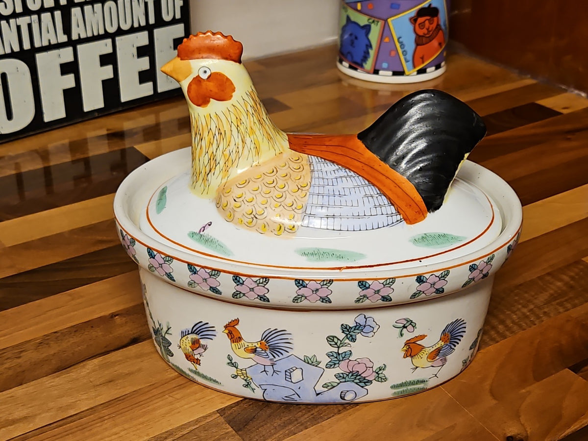 Vintage Chinese Famille Rose  Rooster Ceramic Tureen with Lid