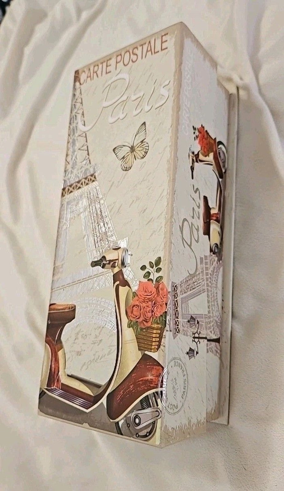Elegant Storage Box Beige & Silver Paris Eiffel Tower Theme apprx 11.5 x 4.5 x4"