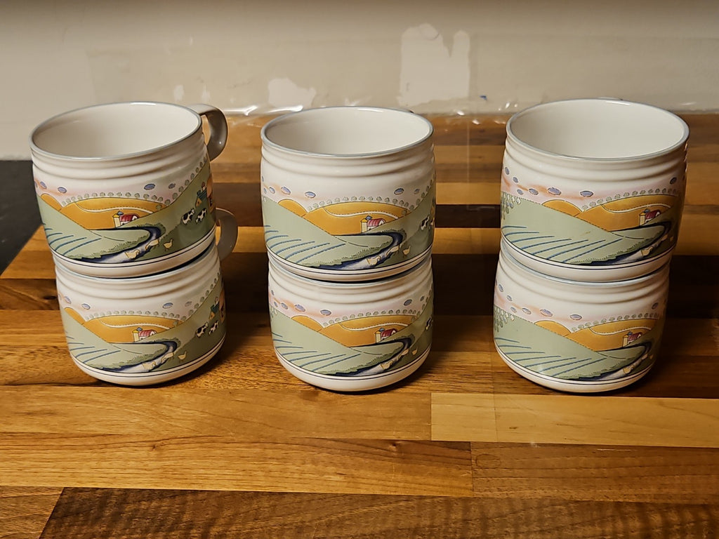 Set Of 6 Vintage 1998 Studio Nova Stoneware Mugs Homecoming 8 oz Y2317 EUC