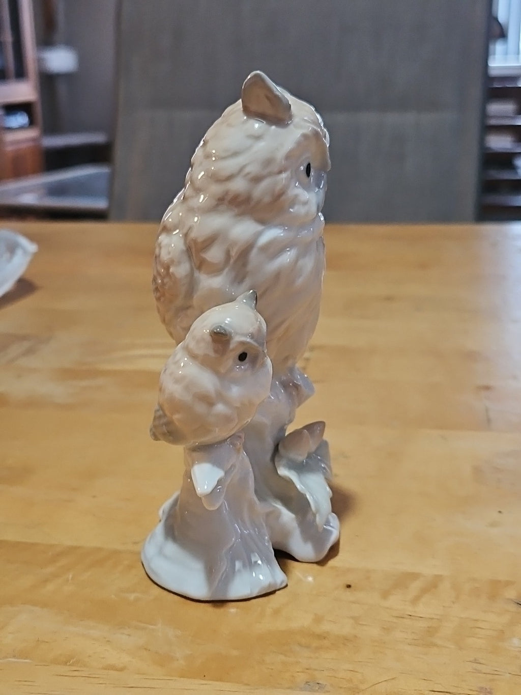 Vintage Otagiri Porcelain 6" Mother & Baby Owls On Branch Figurine EUC