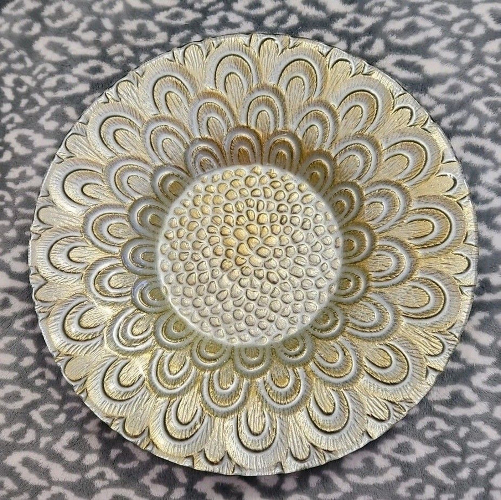 Metallic Silver & Gold Floral Design Art Glass Bowl Serving Dish Centerpiece 14"
