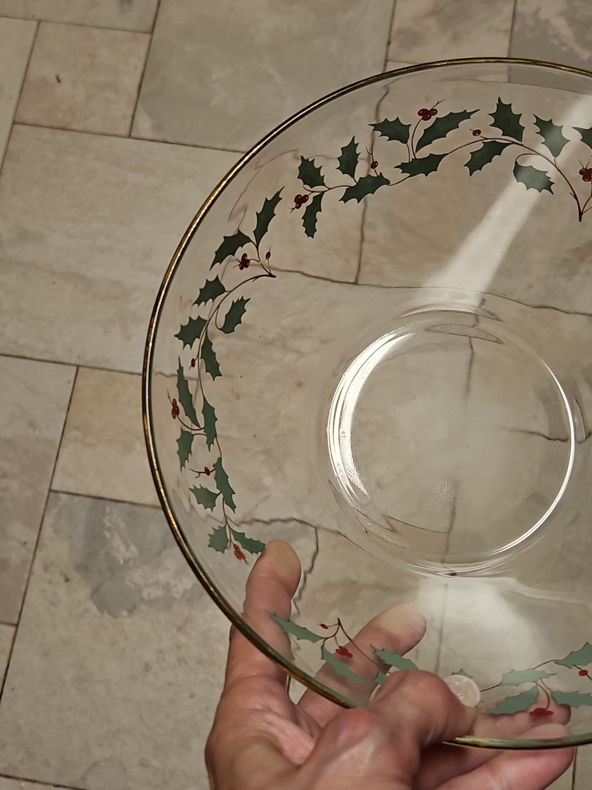 Lot Of 2 Arc France Christmas “ Holly Berry” Serving Bowls 9” 22k gold trim