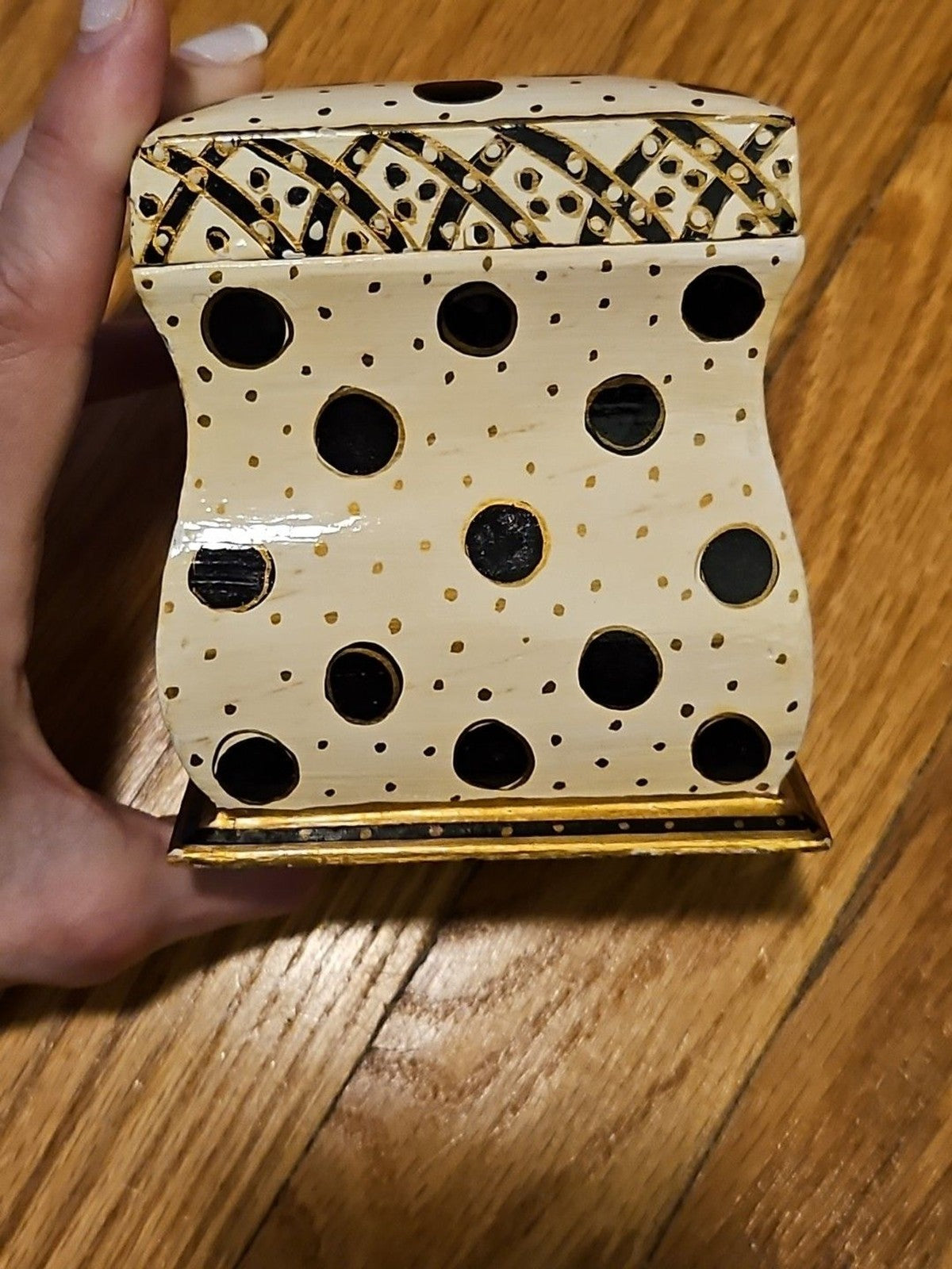 Hand Painted Black, White & Gold Wood 2 Deck Playing Card Holder Canasta Bridge