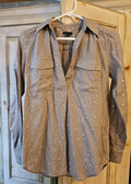 Ann Taylor Grey Henley Blouse With Silver Metallic Raised Polka Dots Sz XS