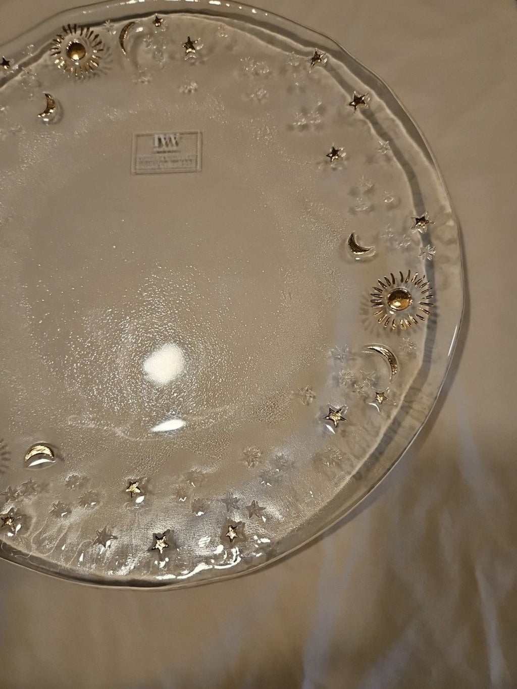 IVV Hand Painted Clear Glass Celestial Moon, Stars, Sun Plate 13.5" Gold Accents