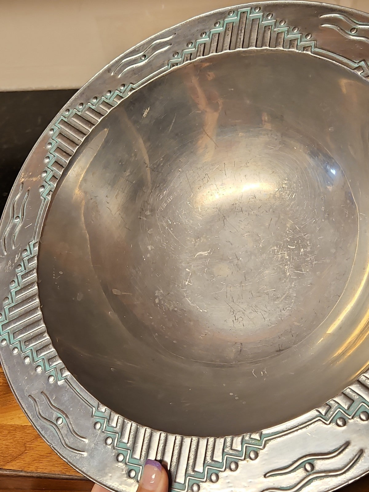 Vintage Wilton Armetale 14" Bowl Turquoise Zia Southwest Pattern Very Nice!