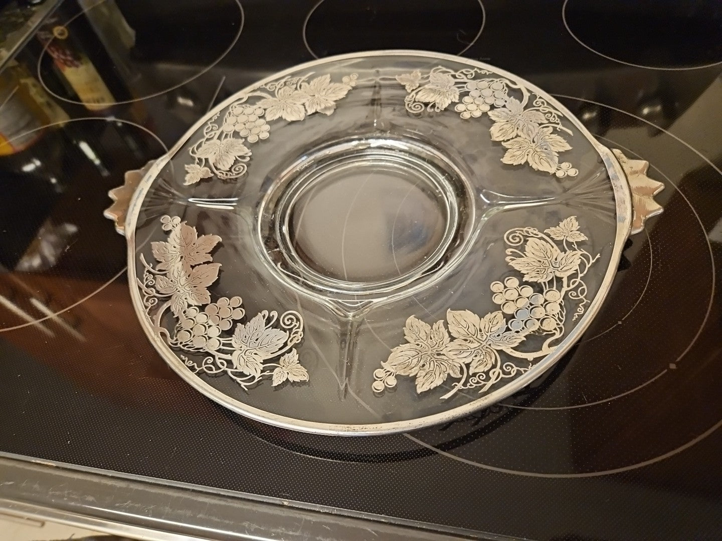 Vintage Glass Serving 11.5" Platter With Silver Grape Vine & Leaves Design