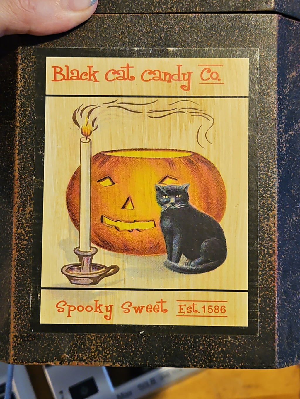 Dandee Halloween Decor Black Wooden Lidded Box Black Cat Candy Co 7.5" EUC