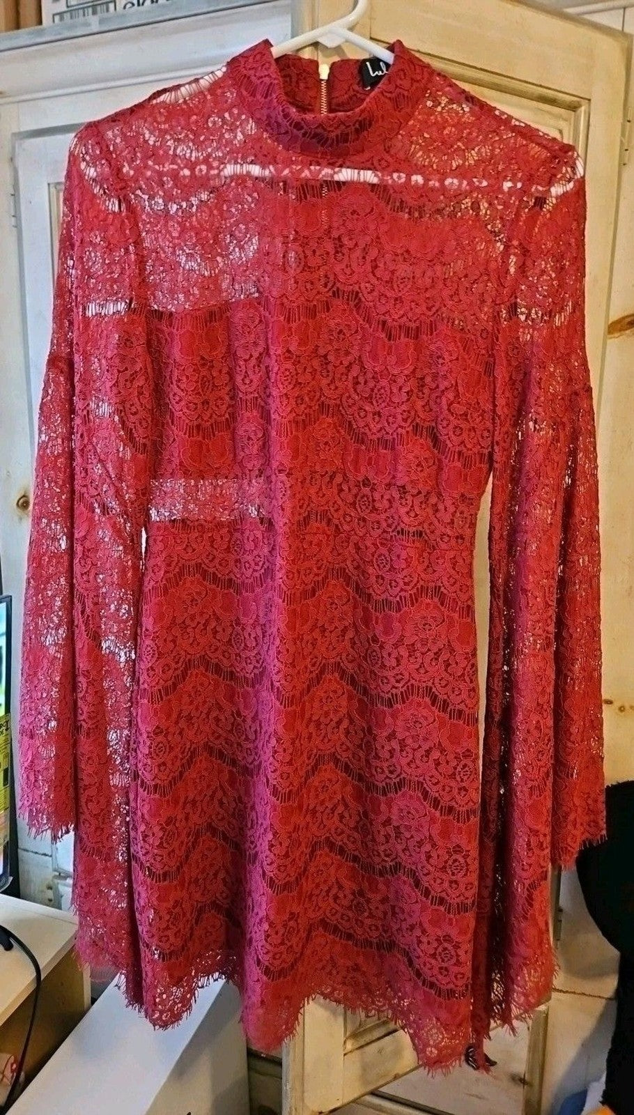 Lulus Cut Out Lace Mini Dress Sz M Cranberry Red Bell Sleeves Goth Style