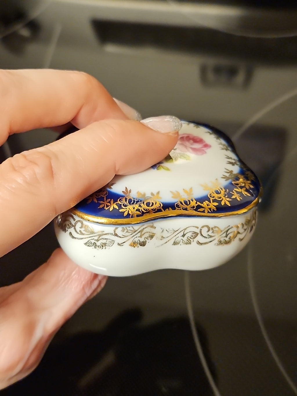 Hand Painted Porcelain Cobalt Blue German Floral Trinket Box Gold Detail