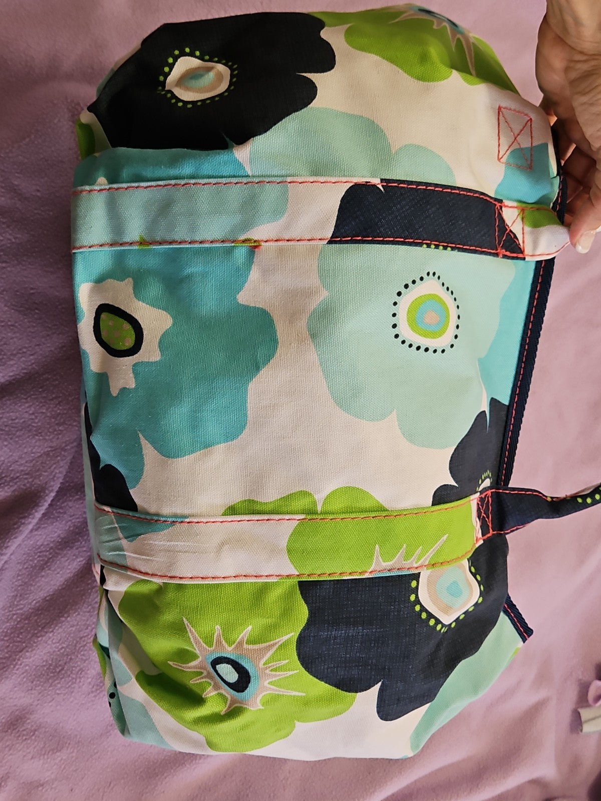Thirty One Pleated Top Beach Tote 129 Newport Bloom Blue Green Cream 20x13x5"