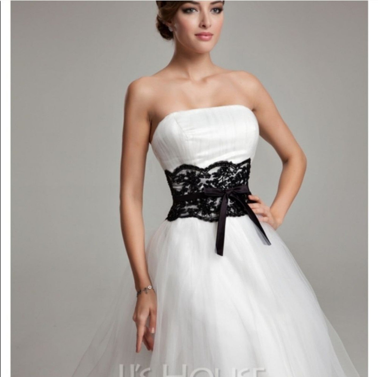 NWT Tea Length JJs House White Wedding Dress Black Accent Waist Detail Size 14