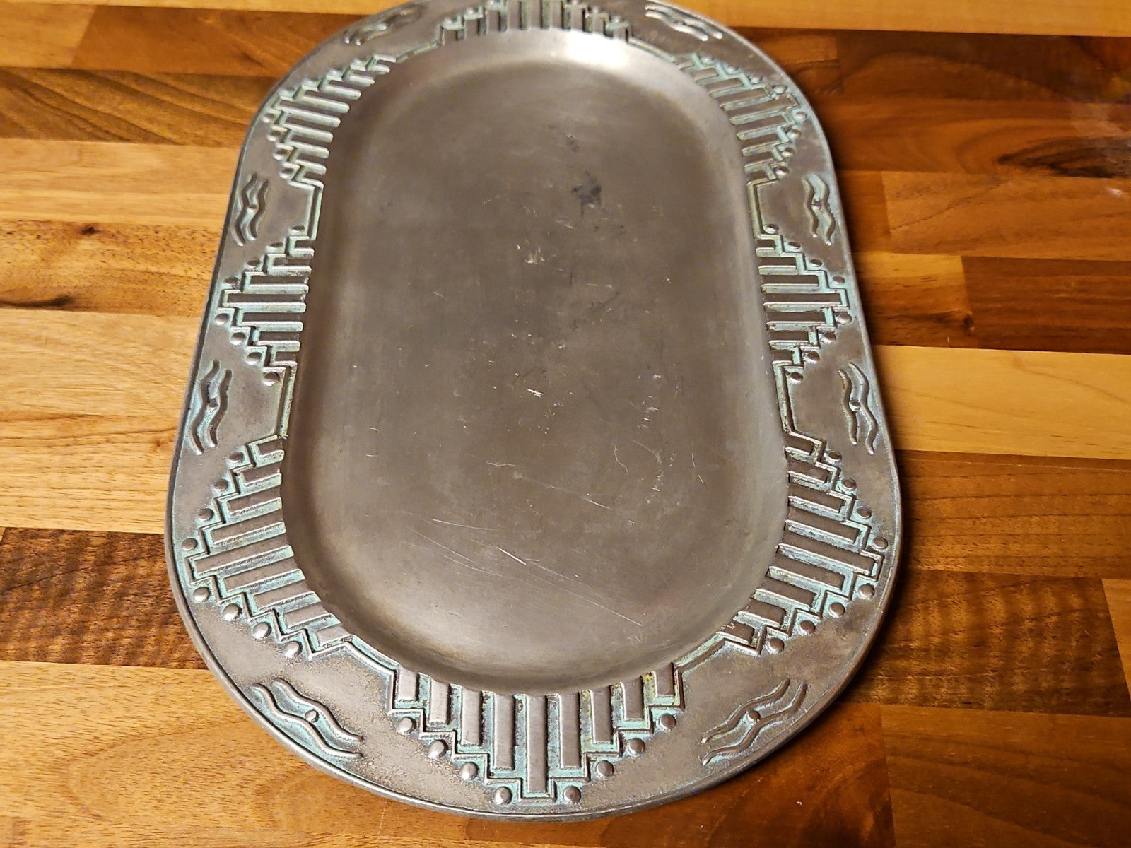 Vintage Wilton Armetale Zia Turquoise Southwestern Oval Serving Platter  12”