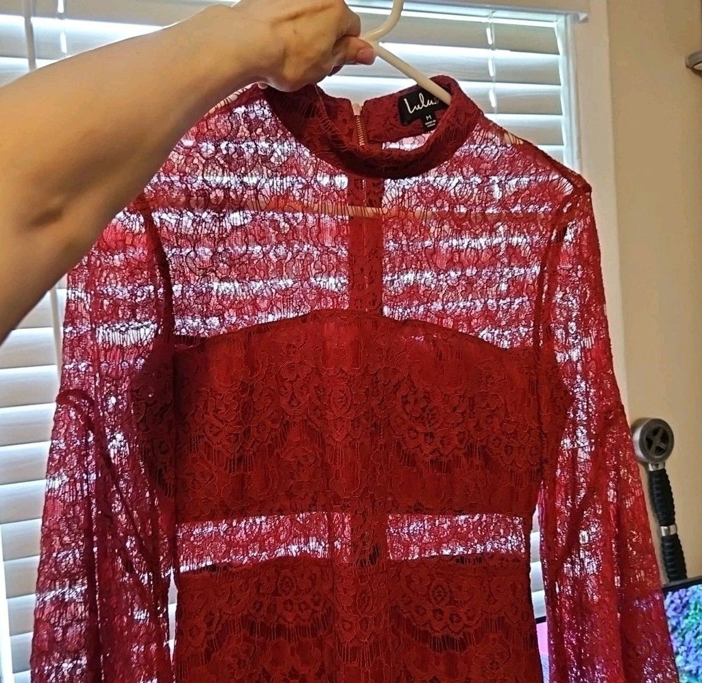 Lulus Cut Out Lace Mini Dress Sz M Cranberry Red Bell Sleeves Goth Style