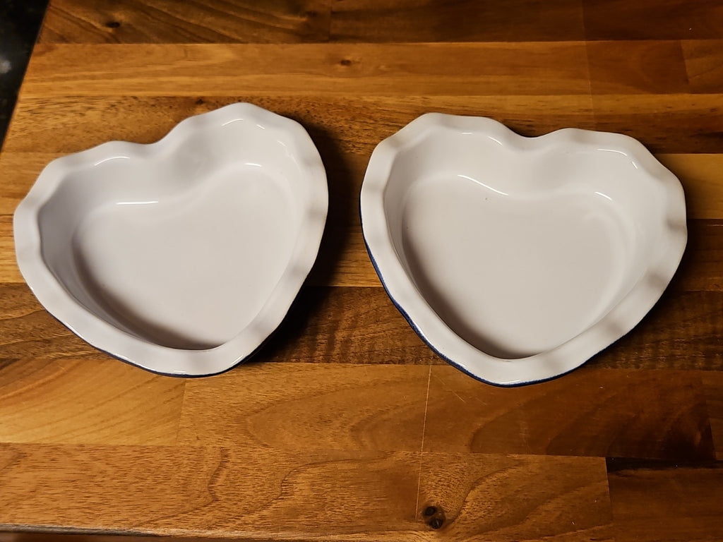 Set Of 2 Emile Henry Fluted Edge Heart Shaped Blue & White Baking Dishes #6149