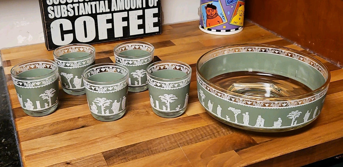 Vintage MCM Jeannette Glass Hellenic Green Grecian Serving Bowl With 5 Tumblers