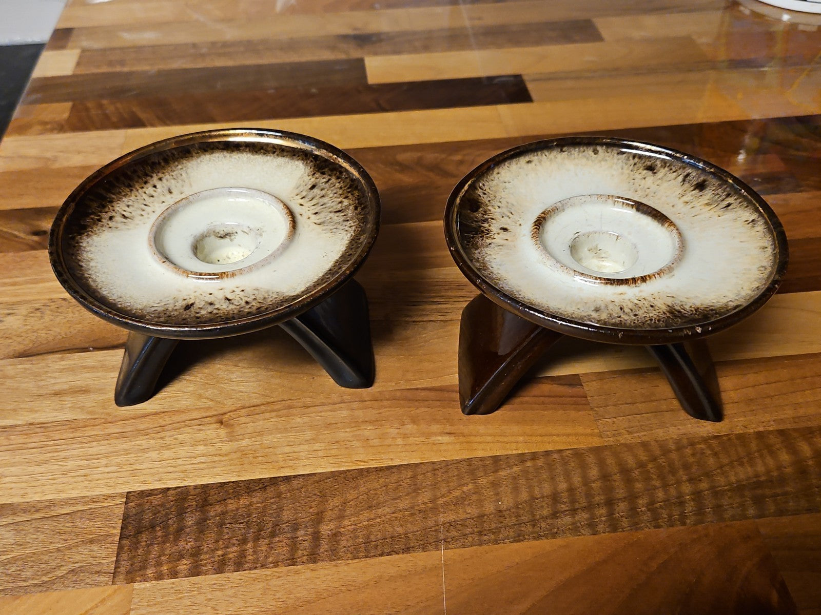 Set Of 2 Vintage MCM Dark Brown Glazed Pottery Taper Holders Candle Holders